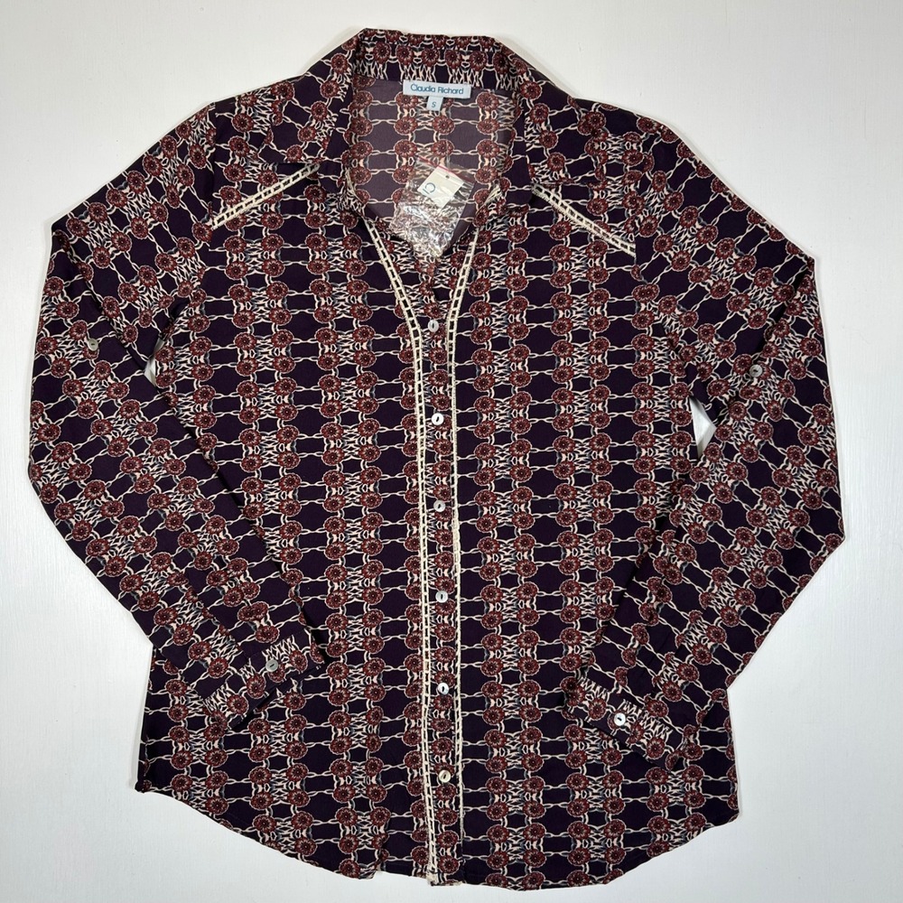 Claudia Richard Women Plum Floral Medallion Crochet Trim Roll Tab Blouse Sm NWT‎